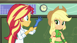 Size: 1280x720 | Tagged: safe, artist:marcusvanngriffin, edit, edited screencap, screencap, character:applejack, character:sunset shimmer, episode:the science of magic, equestria girls:friendship games, g4, my little pony: equestria girls, my little pony:equestria girls, belly button, female, wrestler