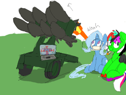 Size: 1000x750 | Tagged: safe, artist:wallswallswalls, character:trixie, oc, oc:zorse, species:pony, species:unicorn, g4, colored, computer, drugs, female, joint, laptop computer, male alicorn, mare, marijuana, mask, missile, missile launcher, multicolored hair, sitting, twilight's castle