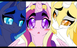 Size: 3301x2063 | Tagged: safe, artist:burnedpigeon, character:daybreaker, character:nightmare moon, character:princess cadance, character:princess celestia, character:princess luna, species:alicorn, species:pony, g4, blushing, colored pupils, open mouth