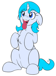 Size: 2176x2976 | Tagged: safe, artist:eisky, oc, oc only, oc:crescendo, species:pony, species:unicorn, g4, behaving like a dog, chest fluff, cute, female, floppy ears, hooves to the chest, mare, panting, simple background, sitting, smiling, solo, tongue out, transparent background