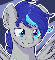 Size: 1394x1517 | Tagged: safe, artist:eisky, oc, oc only, oc:aspen volare, species:pegasus, species:pony, g4, :3, looking at you, male, smiling, smirk, solo, spread wings, stallion, wings
