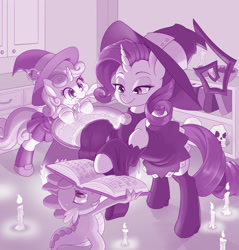 Size: 1280x1338 | Tagged: safe, artist:dstears, character:rarity, character:spike, character:sweetie belle, species:dragon, species:pony, species:unicorn, g4, book, bookshelf, candle, candlelight, cauldron, clothing, fire, halloween, skull, witch costume, witch hat