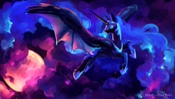 Size: 2560x1440 | Tagged: safe, artist:creamy roux, character:nightmare moon, character:princess luna, species:alicorn, species:pony, g4, bat wings, color porn, feathered bat wings, flying, galaxy mane, moon, night, solo, stars