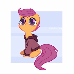 Size: 2500x2500 | Tagged: safe, artist:syrupyyy, character:scootaloo, species:pegasus, species:pony, g4, chibi, clothing, cute, sitting, solo, sweater