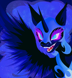 Size: 1280x1386 | Tagged: safe, artist:kittenhijnx, character:nightmare moon, character:princess luna, species:alicorn, species:pony, g4, armor, fangs, glowing eyes, solo