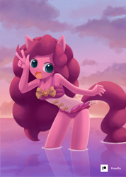 Size: 1000x1407 | Tagged: safe, artist:howxu, character:pinkie pie, species:anthro, species:earth pony, species:unguligrade anthro, g4, my little pony: friendship is magic, equine, female, fictional species, hair, happy, hooves, mammal, mane, mare, open mouth, pink hair, pink mane, solo, solo female, tail, water