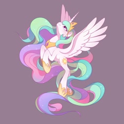 Size: 2048x2048 | Tagged: safe, artist:drtuo4, character:princess celestia, species:alicorn, species:pony, g4, floating, flying, folded forelegs, regalia, simple background, solo, spread wings, windswept mane, wings