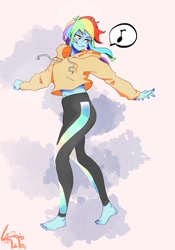 Size: 700x1000 | Tagged: safe, artist:sozglitch, character:rainbow dash, species:eqg human, g4, barefoot, leggings, simple background, solo