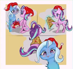 Size: 1500x1429 | Tagged: safe, artist:mistleinn, character:starlight glimmer, character:trixie, species:pony, species:unicorn, ship:startrix, g4, christmas, clothing, gift box, gift wrapped, glowing horn, magic, santa hat, sweater, telekinesis