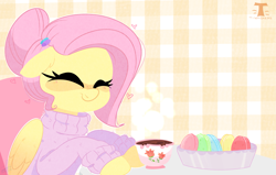 Size: 2951x1876 | Tagged: safe, artist:t-whiskers, character:fluttershy, species:pegasus, species:pony, g4, clothing, eyes closed, macaron, simple background, smiling, solo, sweater, tea