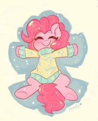Size: 807x997 | Tagged: safe, artist:oofycolorful, character:pinkie pie, species:earth pony, species:pony, g4, clothing, eyes closed, lying down, smiling, snow, snow angel, solo, sweater