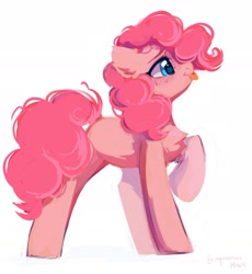 Size: 1919x2083 | Tagged: safe, artist:_mpiesocks, character:pinkie pie, species:earth pony, species:pony, g4, blep, fluffy, raised hoof, solo, tongue out, white background