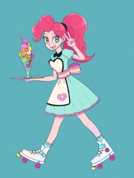 Size: 1620x2160 | Tagged: safe, artist:haibaratomoe, character:pinkie pie, species:eqg human, g4, my little pony:equestria girls, food, ice cream, peace sign, roller skates, server pinkie pie, solo, waitress
