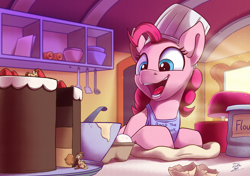 Size: 2500x1756 | Tagged: safe, artist:tsitra360, character:pinkie pie, species:earth pony, species:pony, g4, apron, baking, cake, clothing, cute, diapinkes, food, micro