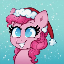 Size: 2000x2000 | Tagged: safe, artist:confetticakez, character:pinkie pie, species:earth pony, species:pony, g4, christmas, clothing, female, grin, hat, high res, holiday, mare, no pupils, santa hat, smiling, snow, solo