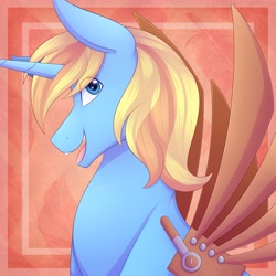 Size: 2048x2048 | Tagged: safe, artist:corwolf, artist:corwolf3, oc, oc:skydreams, species:pony, species:unicorn, g4, abstract background, artificial wings, bust, female, mare, mechanical wing, smiling