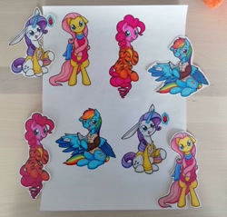 Size: 1600x1530 | Tagged: safe, artist:serenepony, character:fluttershy, character:pinkie pie, character:rainbow dash, character:rarity, species:alicorn, species:earth pony, species:owl, species:pegasus, species:pony, species:rabbit, g4, basket, book, clothing, coat, costume, crossover, gem, magic, onesie, photo, piglet, scarf, sticker, sticker design, tea, tigger, traditional art, winnie the pooh