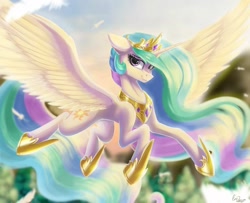Size: 1280x1038 | Tagged: safe, artist:evedizzy26, character:princess celestia, species:alicorn, species:pony, g4, flying, looking at you, looking sideways, regalia, siki, spread wings, wings