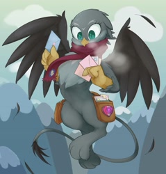 Size: 1960x2048 | Tagged: safe, artist:noupu, character:gabby, species:griffon, g4, clothing, fluff, flying, letter, mailbag, scarf, solo, spread wings, wings