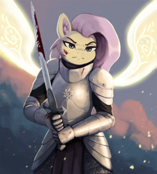 Size: 2000x2221 | Tagged: safe, artist:mrscroup, character:fluttershy, species:anthro, g4, artificial wings, blood stains, frown, light wings, magic wings, plate armor, sword