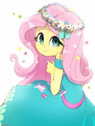 Size: 2436x3223 | Tagged: safe, artist:nendo, character:fluttershy, species:eqg human, g4, floral head wreath, head turn, looking at you, looking back, solo, white background