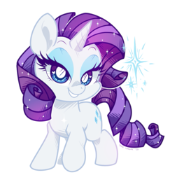 Size: 781x804 | Tagged: safe, artist:yokokinawa, character:rarity, species:pony, species:unicorn, g4, chibi, cute, lidded eyes, looking at you, mascara, open mouth, raised hoof, raribetes, smiling, solo, sparkles, white background