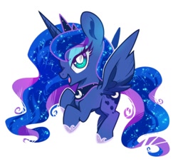Size: 1000x920 | Tagged: safe, artist:yokokinawa, character:princess luna, species:alicorn, species:pony, g4, chibi, looking at you, looking sideways, open mouth, regalia, smiling, solo, spread wings, white background, wings