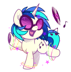 Size: 793x807 | Tagged: safe, artist:yokokinawa, character:dj pon-3, character:vinyl scratch, species:pony, species:unicorn, g4, chibi, dancing, open mouth, raised hoof, smiling, solo, sunglasses, white background