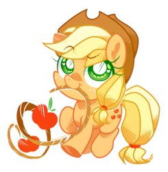 Size: 817x833 | Tagged: safe, artist:yokokinawa, character:applejack, species:earth pony, species:pony, g4, chibi, cute, jackabetes, lasso, mouth hold, raised hoof, rope, solo, white background