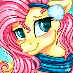 Size: 2000x2000 | Tagged: safe, artist:stainedglasslh, character:fluttershy, species:pegasus, species:pony, g4, :3, bust, clothing, colored pupils, cute, earmuffs, female, head turn, looking sideways, mare, portrait, scarf, signature, solo, three quarter view
