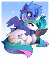 Size: 2020x2345 | Tagged: safe, artist:yakovlev-vad, character:princess celestia, character:princess luna, species:alicorn, species:pony, g4, cute, folded forelegs, gaming, glowing horn, hugged from behind, looking over shoulder, lunabetes, lying down, magic, nintendo switch, simple background, telekinesis