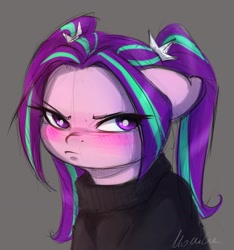 Size: 1920x2052 | Tagged: safe, artist:buttersprinkle, character:aria blaze, species:earth pony, species:pony, g4, >:c, ariabetes, blushing, clothing, cute, looking away, looking sideways, pouting, simple background, solo, sweater
