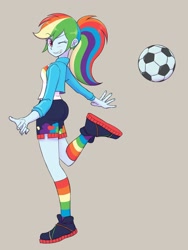 Size: 1536x2048 | Tagged: safe, artist:haibaratomoe, character:rainbow dash, species:eqg human, g4, football, simple background, smiling, solo, sports outfit, wink