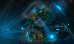 Size: 1280x764 | Tagged: safe, artist:kody-arts, character:princess celestia, species:alicorn, species:pony, g4, hologram, ponies in space, regalia, science fiction, solo, space