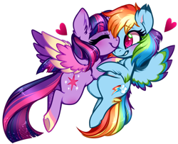 Size: 744x603 | Tagged: safe, artist:esmeia, character:rainbow dash, character:twilight sparkle, character:twilight sparkle (alicorn), species:alicorn, species:pegasus, species:pony, ship:twidash, g4, chibi, flying, glomp, heart, multicolored wings, simple background, smiling, spread wings, transparent background, wings