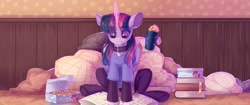 Size: 4096x1715 | Tagged: safe, artist:neonishe, character:twilight sparkle, character:twilight sparkle (alicorn), species:alicorn, species:pony, g4, book, clothing, collar, cookie, looking down, mug, pillow, reading, shirt, sitting, solo, stockings