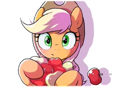 Size: 1457x1032 | Tagged: safe, artist:mochi_nation, character:applejack, species:earth pony, species:pony, g4, apple, applejack's hat, bust, looking at you, solo, surprised, white background