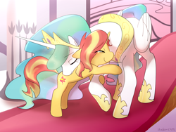 Size: 1024x768 | Tagged: safe, artist:haden-2375, character:princess celestia, character:sunset shimmer, species:alicorn, species:pony, species:unicorn, g4, eyes closed, hug, neck hug, reunion, smiling, throne room