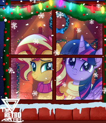 Size: 2500x2906 | Tagged: safe, artist:theretroart88, character:sunset shimmer, character:twilight sparkle, character:twilight sparkle (alicorn), species:alicorn, species:pony, species:unicorn, g4, candle, candy, candy cane, christmas, clothing, food, holiday, lightbulb, scarf, snow, snowfall