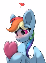 Size: 2145x2944 | Tagged: safe, artist:skitsroom, character:rainbow dash, species:pegasus, species:pony, g4, blushing, bust, cushion, heart, hoof hold, looking down, solo, spread wings, white background, wings
