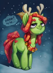 Size: 935x1280 | Tagged: safe, artist:zazush-una, character:tree hugger, species:earth pony, species:pony, g4, antlers, collar, dialogue, looking up, snow, snowfall, solo, speech bubble, text