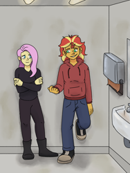 Size: 3000x4000 | Tagged: safe, artist:applejackofalltrades, character:fluttershy, character:sunset shimmer, species:eqg human, fanfic:looking glass, series:who we become, g4, my little pony:equestria girls, bathroom, chat, clothing, sweater, talking