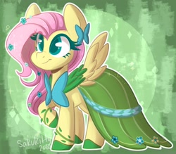 Size: 2048x1796 | Tagged: safe, artist:sakukitty, character:fluttershy, species:pegasus, species:pony, g4, cute, gala dress, raised hoof, simple background, smiling, solo, spread wings, wings