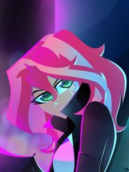 Size: 2448x3264 | Tagged: safe, artist:xan-gelx, character:sunset shimmer, species:eqg human, g4, black coat, brooding, clothing, coat, looking at you, night, solo