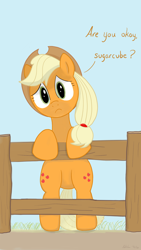 Size: 1080x1920 | Tagged: safe, artist:addelum, character:applejack, species:earth pony, species:pony, g4, dialogue, fence, solo, worried