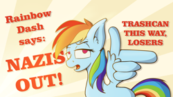 Size: 1920x1080 | Tagged: safe, artist:cocaine, character:rainbow dash, species:pegasus, species:pony, g4, annoyed, antifa, looking at you, text, wing hands, wings