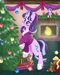 Size: 1621x2048 | Tagged: safe, artist:pineappleartz, character:snowfall frost, character:starlight glimmer, species:pony, species:unicorn, episode:a hearth's warming tail, g4, my little pony: friendship is magic, christmas tree, clothing, coat, decoration, fireplace, glowing horn, hearth's warming, magic, solo, telekinesis