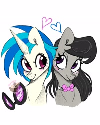 Size: 1638x2048 | Tagged: safe, artist:pineappleartz, character:dj pon-3, character:octavia melody, character:vinyl scratch, species:earth pony, species:pony, species:unicorn, ship:scratchtavia, g4, looking at each other, sunglasses, white background