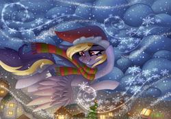 Size: 3000x2100 | Tagged: oc needed, safe, artist:irinamar, oc, oc only, species:pegasus, species:pony, g4, christmas, clothing, flying, looking down, rooftop, santa hat, scarf, smiling, snow, snowfall, solo, spread wings, wings