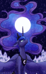 Size: 398x640 | Tagged: safe, artist:inuhoshi-to-darkpen, character:princess luna, species:alicorn, species:pony, g4, ethereal mane, full moon, looking up, night, sitting, snow, solo, spread wings, wings